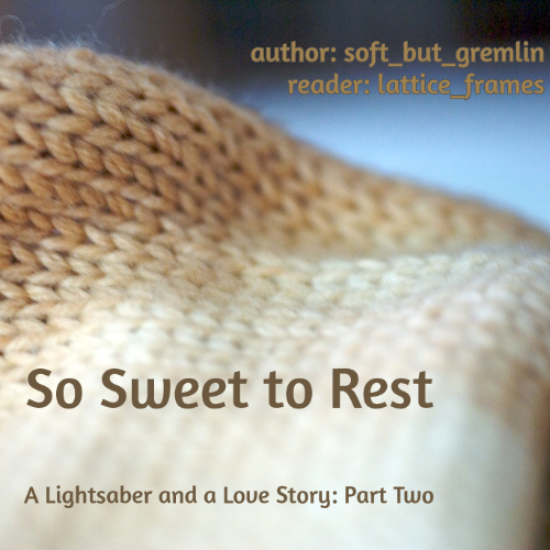  A yellow knit blanket in soft focus in front of a blue background. The upper right corner has the author and reader information in yellow, the title and series information is in the lower left in a dark gold.