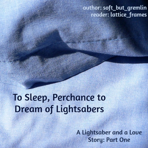 A bed with light blue linens, close up on the edge of a pillow and slightly rumpled sheets. In blue text is the author and reader information in the top right corner, the title in the lower left, and the series title and part number in the lower right.